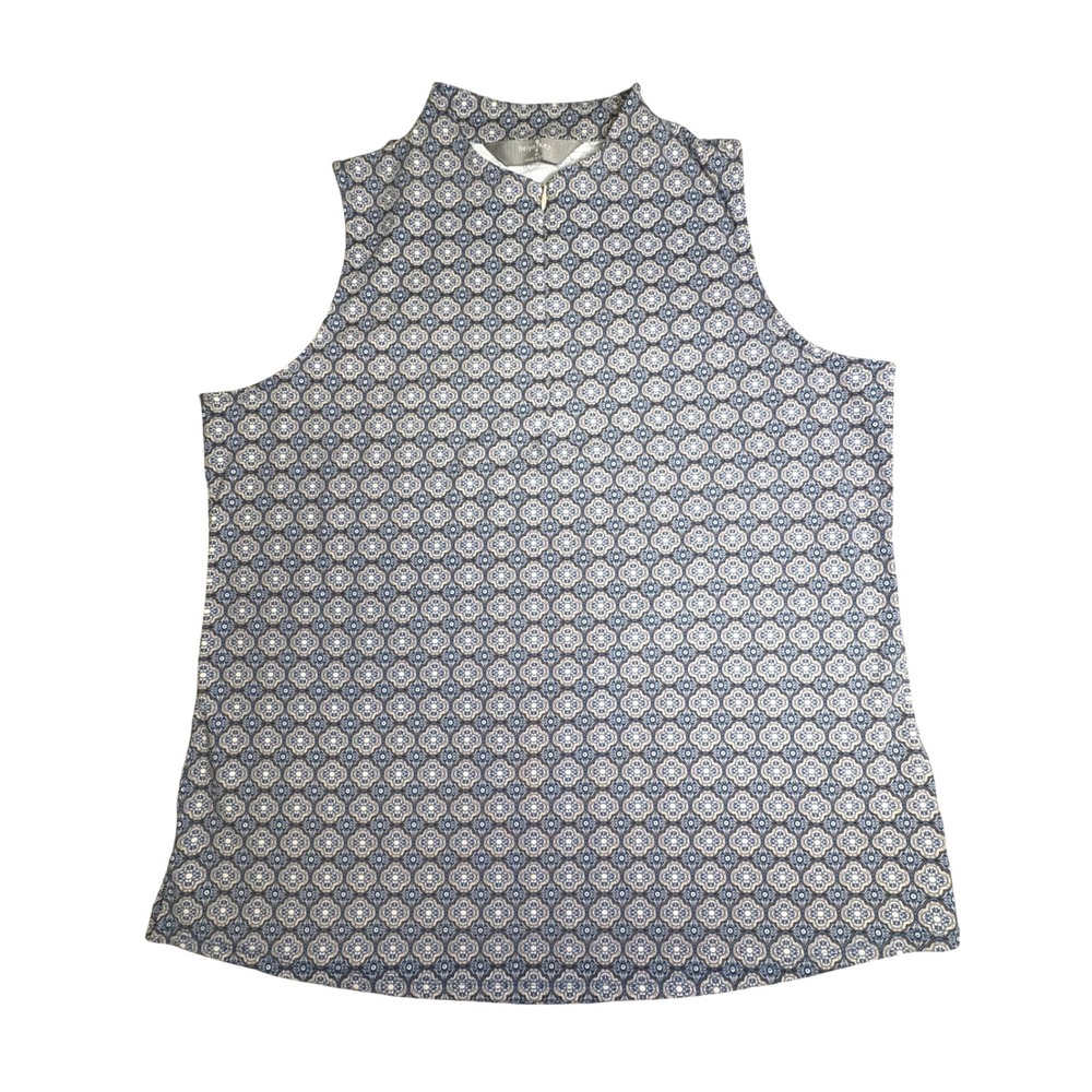 Belyn Key XL Navy Blue Tile Print Sleeveless Quarter Zip Golf Top Mock Neck